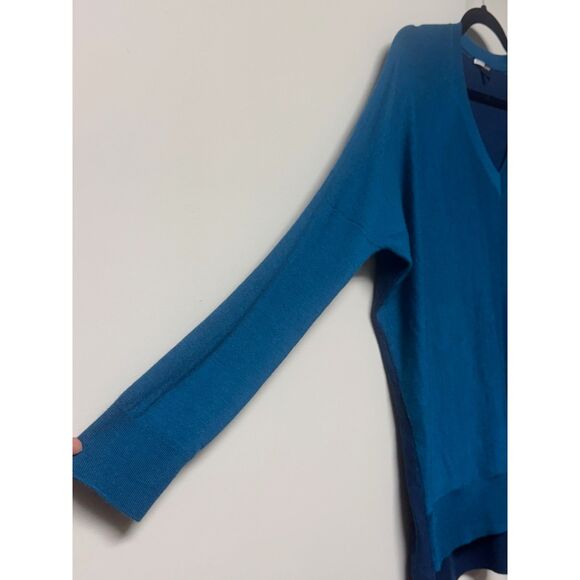 EILEEN FISHER Artic Green Royal Alpaca Colorblock V-Neck Sweater, Sz M - Picture 4 of 9